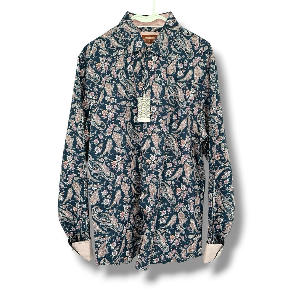 Consequence Mens Paisley Floral Shirt L Cotton Navy Pink Button Up Boho Retro